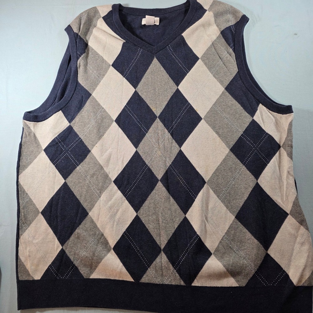 HB Mens Argyle V-Neck Sweater Vest Navy Blue Grey Cream Size 4XL Preppy Knit
